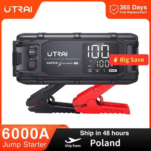 UTRAI Starthilfegerät mit 26800mAh und 6000A, tragbare Powerbank mit PD45W Schnellladung und 6,0 Zoll LED-Bildschirm, Schwarz - Bild 1