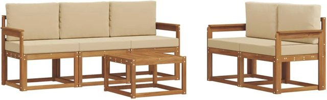 vidaXL Outdoor-Gartenmöbel Set aus Akazienholz mit 5 Sesseln, Tisch und Kissen in Natur und Beige - Bild 1