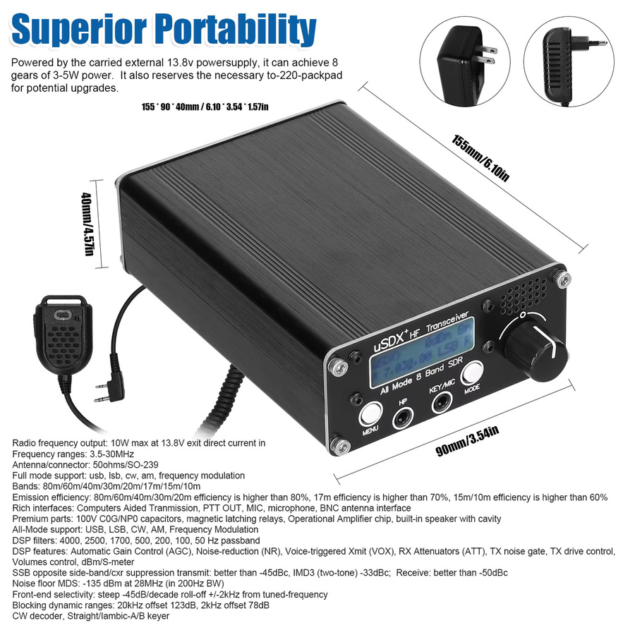 uSDR uSDX+ V2 SDR-Transceiver in Schwarz, 8 Bänder All-Mode Kurzwellen-Transceiver mit SSB, CW, AM, QRP und BNC-Antennenanschluss - Bild 3