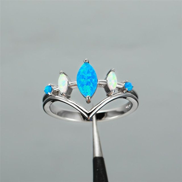 Verlobungsring Weiß-Blauer Feueropal, Roségold, Zirkonia, Damen - Bild 1