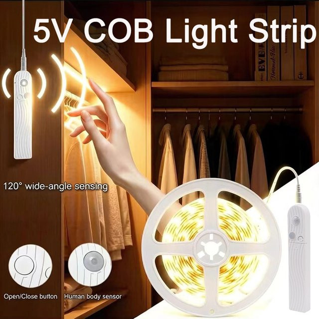 Mikenoon COB LED-Lichtband mit Bewegungssensor, 5V, 320 LEDs/m, warmweiß, batteriebetrieben und selbstklebend für Schrank- und Küchenbeleuchtung - Bild 1