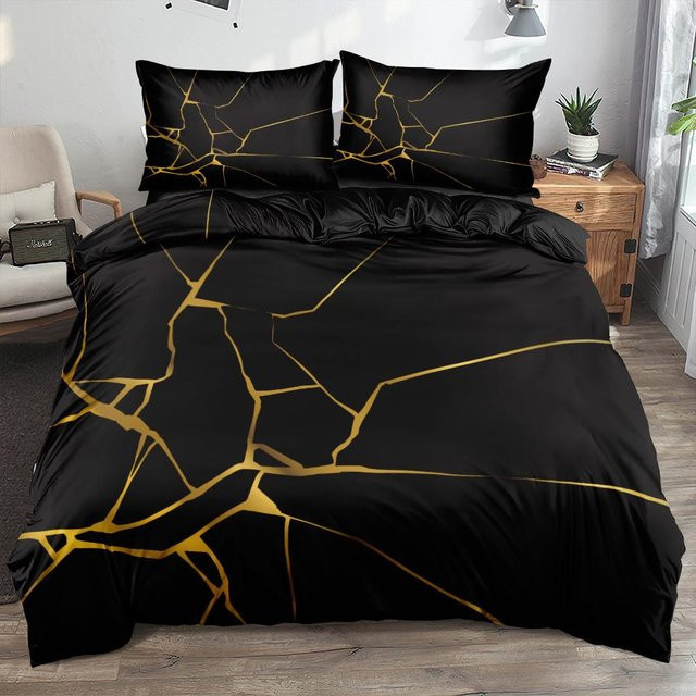 Binchi Fitness 3-teiliges Bettwäsche-Set mit 3D-Marmor-Design in Schwarz, bestehend aus einem Bettbezug und zwei Kissenbezügen aus Mikrofaser, B/T/H: 140 x 200 cm und 70 x 133 cm - Bild 1