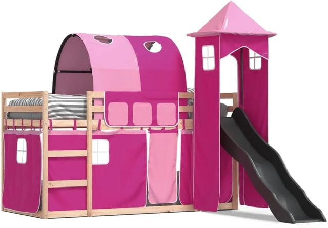 vidaXL Etagenbett für Kinder aus Massivholz mit Rutsche und Gardinen in Rosa und Anthrazit, B/T/H: 200 x 80 x 205,5 cm - Bild 1