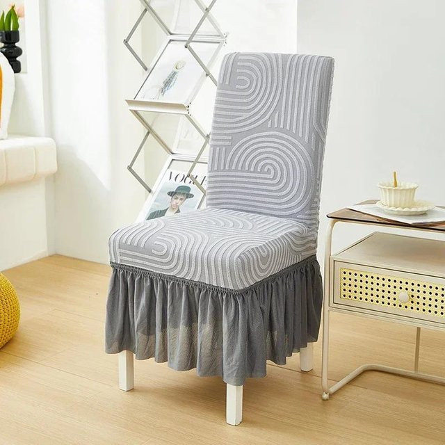 Esszimmerstuhlbezug aus Jacquard mit Schößchen in Grau, elastischer Stretch-Sitzbezug für Esszimmerstühle und Bürostühle - Bild 1