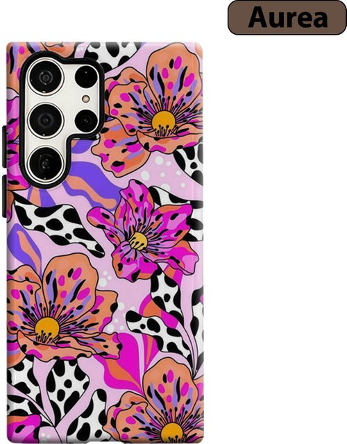 Stoßfeste Doppelschicht Handyhülle im Pop-Art Blumen-Leoparden-Design für Samsung Galaxy S25 Ultra, S24, S23 Ultra und S23 Plus, Multicolor - Bild 1