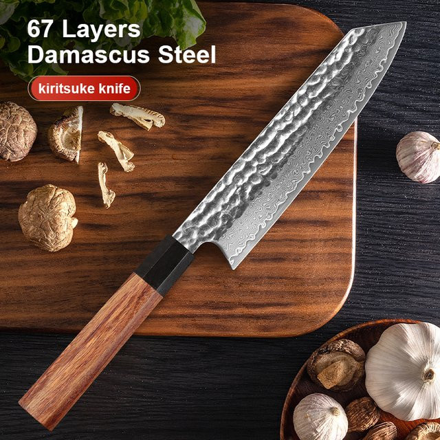 Baovim Kiritsuke-Küchenmesser aus 67-lagigem Damaststahl mit rotem Oktagon-Holzgriff, Länge: 20,32 cm - Bild 1