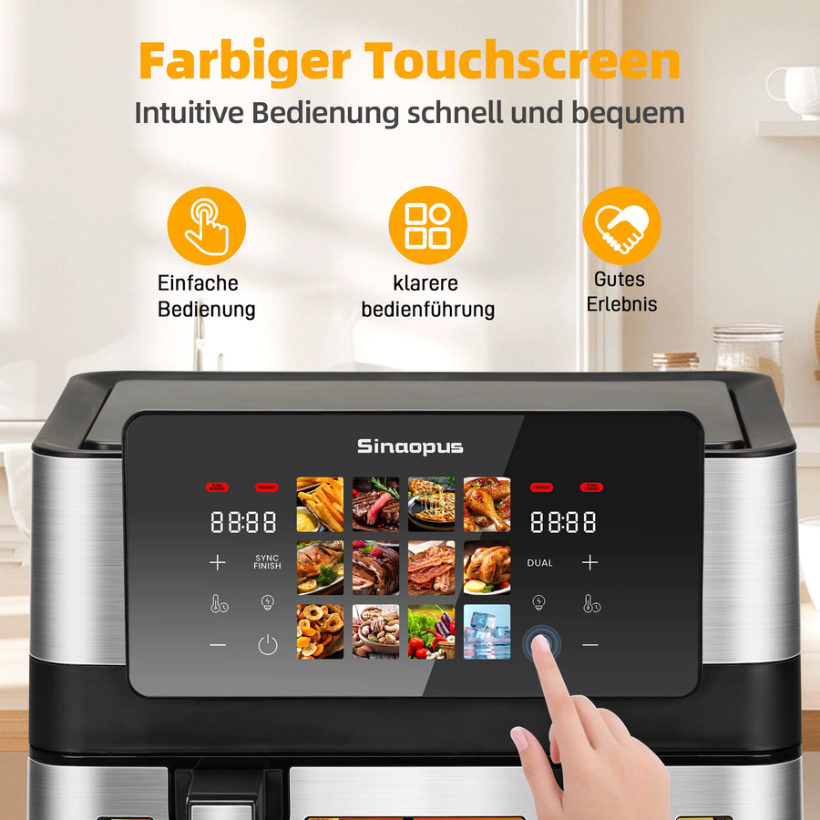 Sinaopus Dual-Korb Heißluftfritteuse mit 8,5L Volumen, 2000W, LED-Touchscreen, Sichtfenster und 12 Programmen, Schwarz - Bild 5