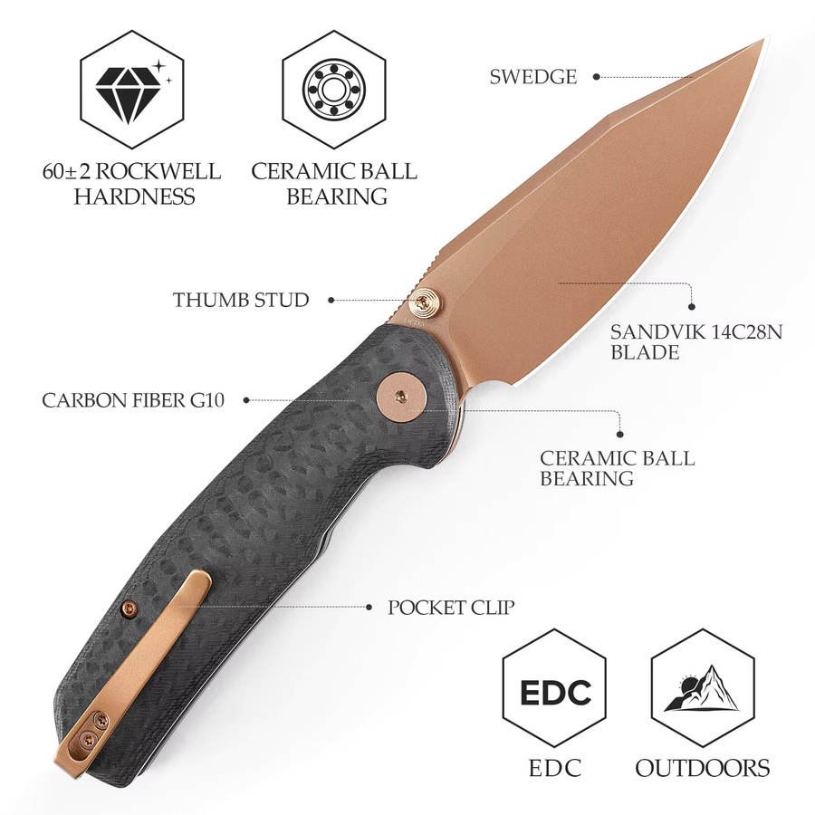TRIVISA Hornet Pro-CG Klappmesser für Herren mit 14C28N-Stahlklinge und schwarzem G10-Griff für Outdoor, Camping und Angeln - Bild 2