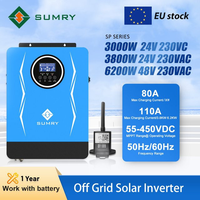 Sumry Off Grid Hybrid-Solar-Wechselrichter mit MPPT-Solarladeregler 3800 W 6200 W, reiner Sinus, 220 V, 80 A, 55–450 V, Farbe: Blau - Bild 1