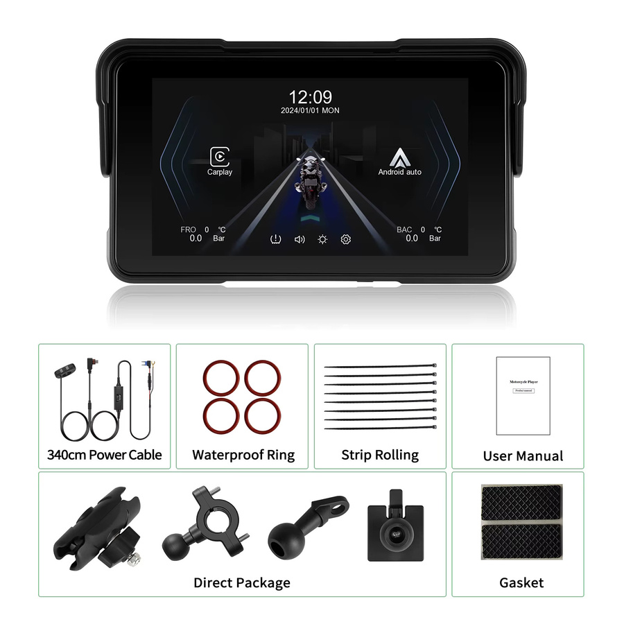 Podofo 5-Zoll Motorrad-Monitor mit kabellosem CarPlay und Android Auto, IP68 wasserdicht, GPS und Bluetooth, Farbe: Schwarz - Bild 8