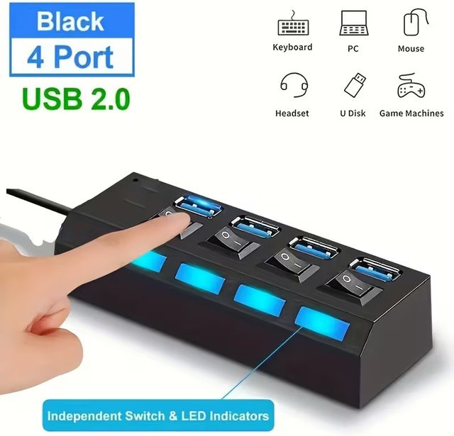 USB 2.0 4-Port-Splitter mit Anti-Burnout-Schutz und Hochgeschwindigkeits-Synchronübertragung in Schwarz für PC, Laptop und andere Geräte - Bild 1