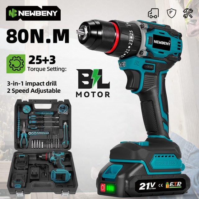NEWBENY 3 in 1 Bürstenloser Akku-Schlagbohrschrauber mit 80Nm Drehmoment, kompatibel mit Makita 18V LXT Akkus - Bild 1