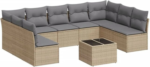 vidaXL 10-tlg. Garten-Sofagarnitur aus Poly-Rattan in Beige-Grau mit Tisch und Kissen inklusive Stauraum - Bild 1