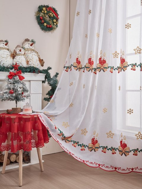Weihnachtsvorhänge Set mit Poinsettia- und Büffelkaro-Design, transparentes Dekovorhänge-Paneel in Weiß, B: 130 cm, H: 210 cm - Bild 1