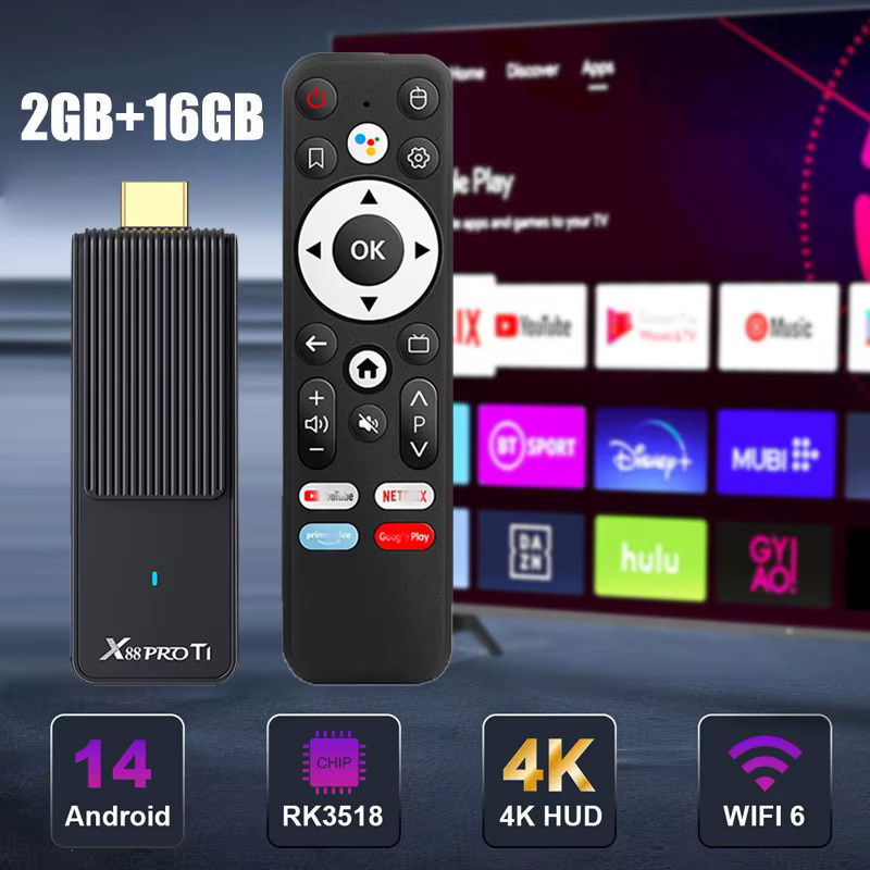X88 PRO Smart TV Stick mit Android 14.0, 4K UHD, WiFi 6, Quad Core Prozessor, 2GB RAM, 16GB Speicher, Voice Remote, Schwarz - Bild 2