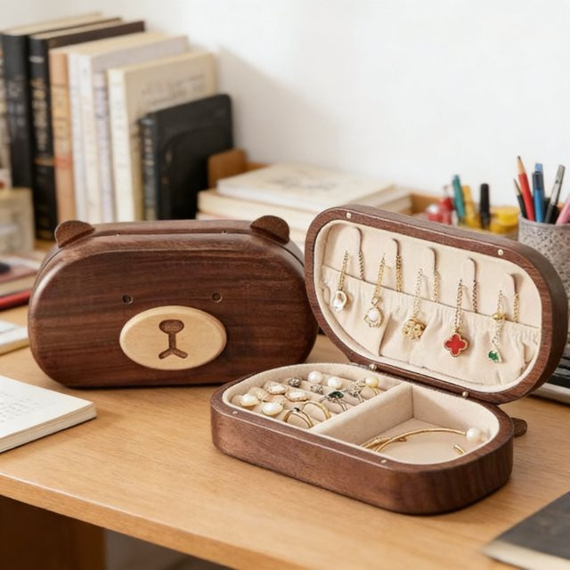 PGY Schmuckbox aus Massivholz in Bärenform, braun, Organizer für Ringe und Halsketten - Bild 1