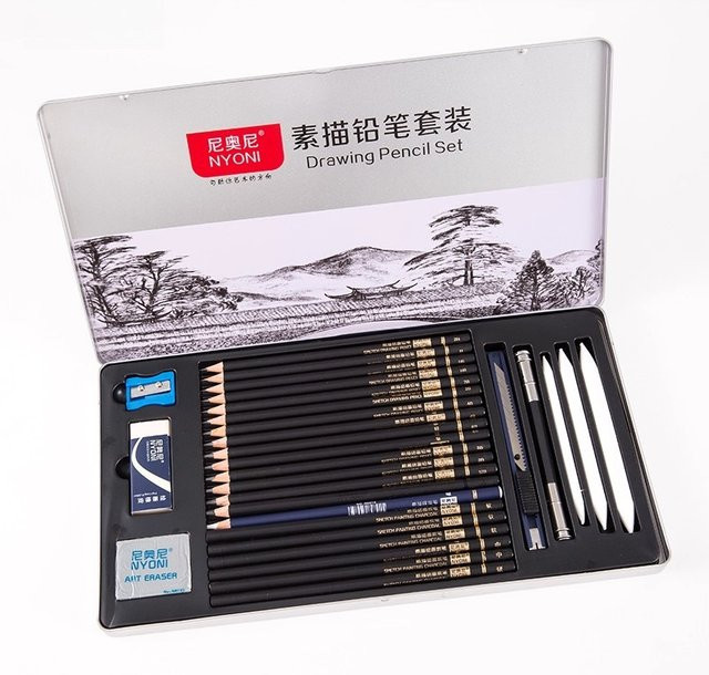NYONI Skizzen-Bleistift-Set mit Eisenbox, professionelles Zeichenset mit Graphitstiften und Kohlestiften für Anfänger und Profis - Bild 1