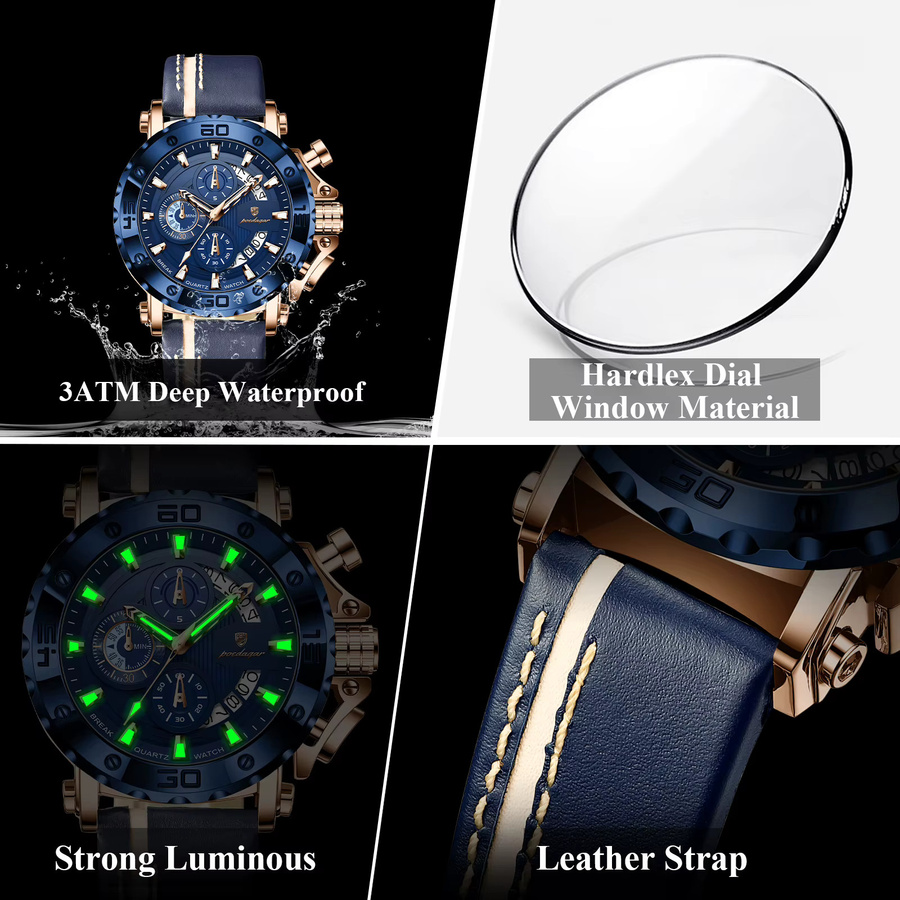 POEDAGAR Armbanduhr Chronograph, Quarz, Leder, Blau, Herren - Bild 4