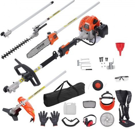 VEVOR 6-in-1 Benzin-Multifunktionsgerät mit 33cc Motor, Heckentrimmer, Rasentrimmer, Freischneider, Kettensäge und Astschere in Orange - Bild 1