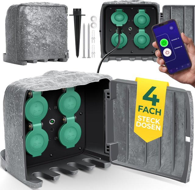 KESSER Gartensteckdose in Steinoptik mit 4 Steckplätzen, WiFi App-Steuerung, IP44, inkl. Erdspieß und 3m Verlängerungskabel sowie Dämmerungssensor - Bild 1
