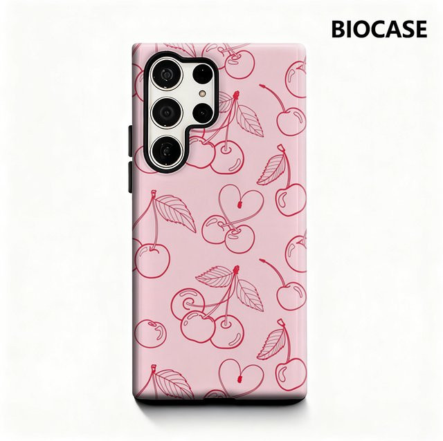 Potdemiel Cherry Outline Handyhülle für Samsung Galaxy S25 Ultra, S24 und S23 Ultra Plus in Pink mit glänzender doppellagiger Rückseite - Bild 1