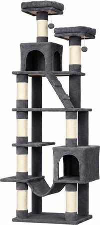PawHut Kratzbaum Aosom in Dunkelgrau, mehrstufiger Katzenturm mit 2 Höhlen, 2 Betten, Hängematte, Sisalpfosten, Leiter und Spielzeug, Höhe: 204 cm