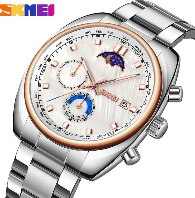 SKMEI Chronograph Armbanduhr, Quarz, Edelstahl, Herren, Mondphasen-Zifferblatt - Bild 1