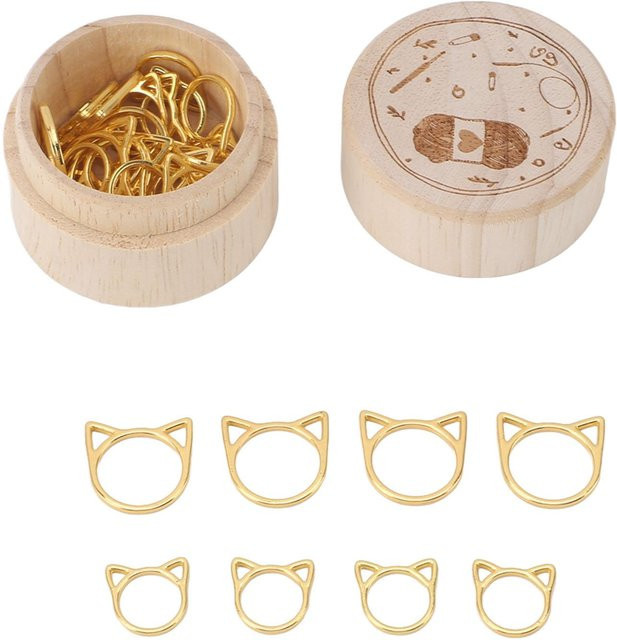 TOMTOP JMS Häkeln Stich Marker in Katzenkopf-Form aus Metall mit Holz-Aufbewahrungsbox, 30 Stück, Beige/Gold - Bild 1
