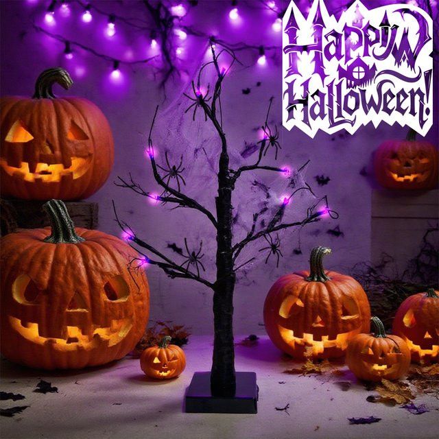 Peach Forest Halloween Tischlampe mit 24 LED und schwarzem künstlichem Birkenbaum inklusive Spinnennetz und Spinnen, Schwarz - Bild 1