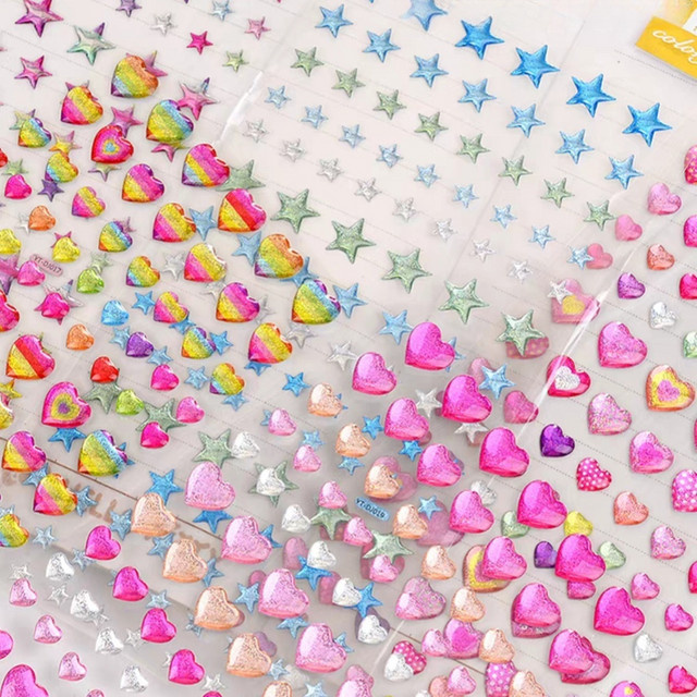 Radnom 4er Set bunte 3D Aufkleber mit glitzernden Herzen, Sternen und Kristall-Tropfen für Scrapbooking und DIY Journaling, Multicolor - Bild 1