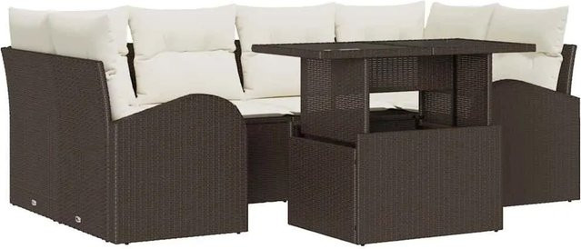 vidaXL Garten-Sofa-Set aus Poly Rattan in Braun, 7-teiliges L-Shape Lounge-Set mit Kissen und Tisch mit Glasplatte - Bild 1