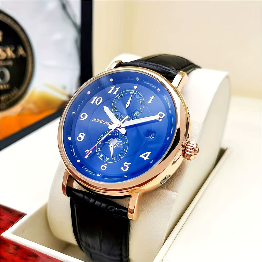 AOKULASIC Armbanduhr Automatik, Leder, Blau, Herren - Bild 2