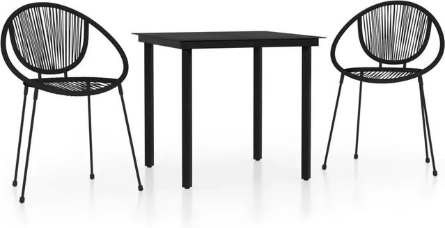 vidaXL 3-teilige Garten-Essgruppe Schwarz aus Stahl, Glas und PVC-Rattan für Garten und Terrasse, Tisch B: 74 cm, T: 74 cm, H: 74 cm und 3 Stühle B: 57,5 cm, T: 57,5 cm, H: 80 cm - Bild 1