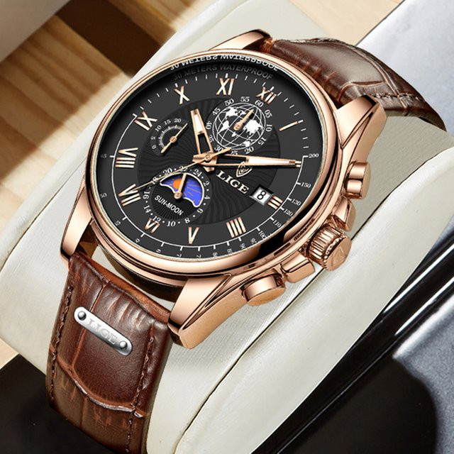LIGE Armbanduhr Chronograph, Quarz, Leder, Herren - Bild 1