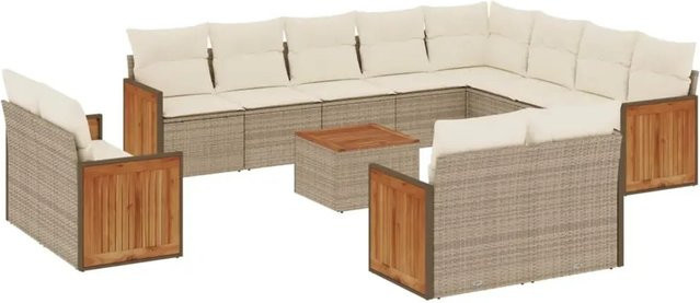 vidaXL 13-teilige Garten-Sofagarnitur in L-Form aus Polyrattan und Akazienholz mit Kissen in Beige - Bild 1