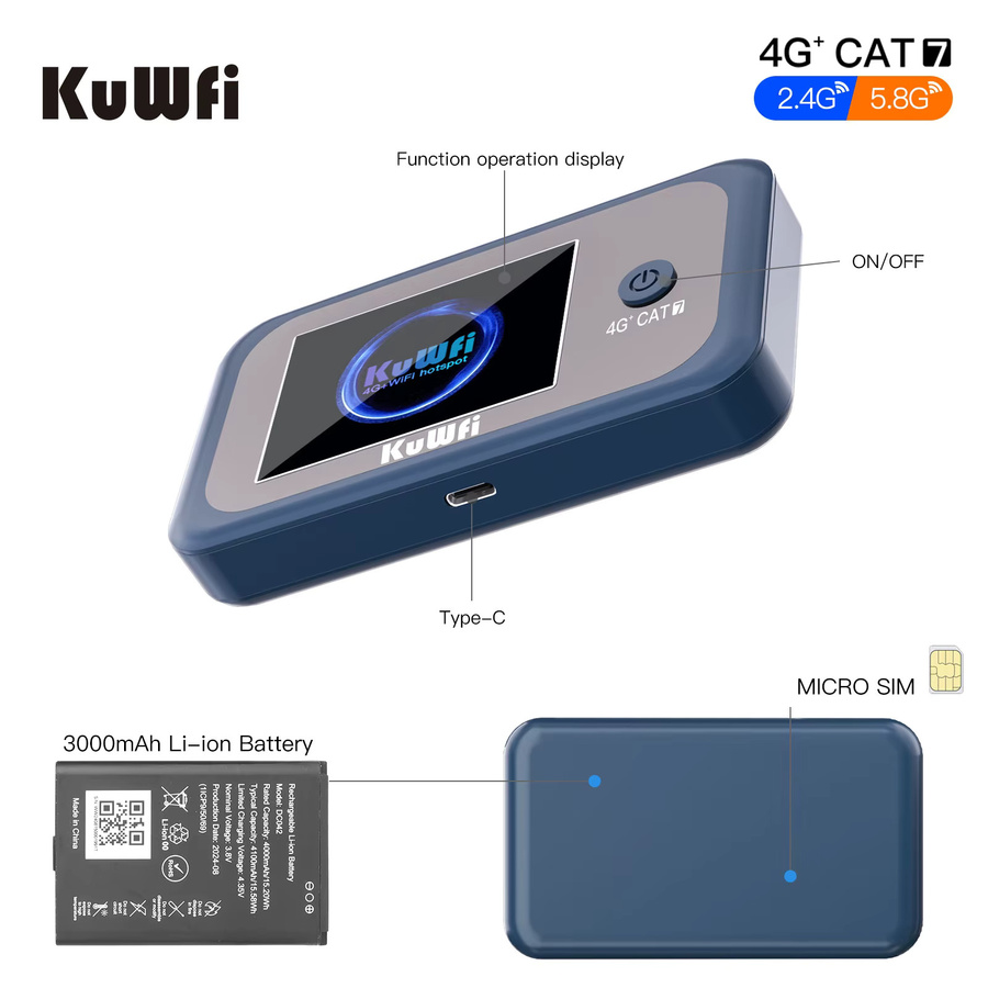 KuWFi CAT7 4G LTE Router mit 1200 Mbit/s, tragbares Reise-Mobilmodem mit 3000 mAh Akku und USIM-Steckplatz für bis zu 10 Benutzer - Bild 6