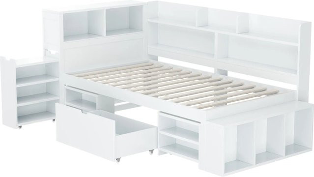 KOMHTOM Kinderbett Weiß mit Schubladen, Bücherregal, Stauschrank und Lattenrost, B/T/H: 90 x 200 cm - Bild 1
