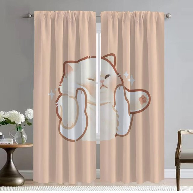 Elegante Raumvorhänge mit Katzen-Motiv in Beige, semi-transparent für Wohnzimmer und Schlafzimmer, 2er-Set, Breite: 50 cm, Höhe: 70 cm - Bild 1