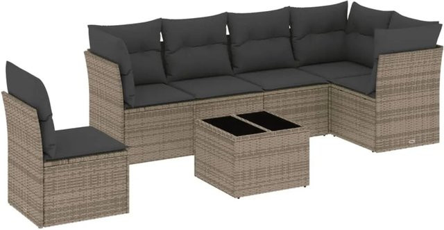 vidaXL 7-teilige Garten-Sofagarnitur in Grau aus Poly-Rattan mit L-Form und Sitzkissen inklusive Gartentisch - Bild 1