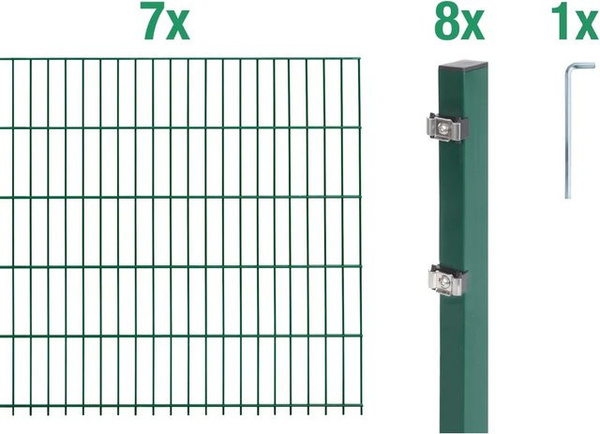 GAH Alberts Doppelstabmattenzaun Grundset aus Stahl, grün beschichtet, Zaunlänge: 14 m, Mattenhöhe: 100 cm