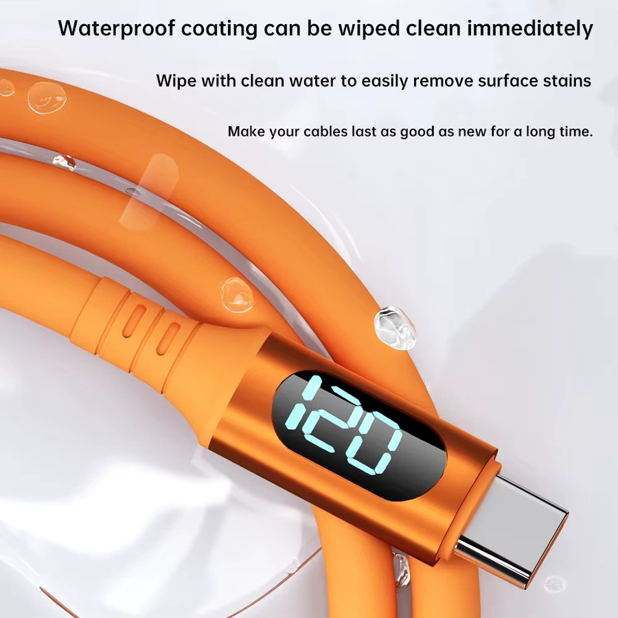 USB-Typ-C-Schnellladekabel mit 120 W und LED-Digitalanzeige in Orange aus flüssigem Silikon - Bild 2