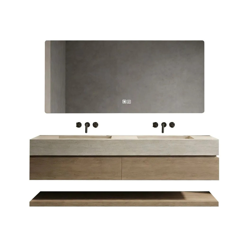 360Home Badmöbel Set mit Sinterstein Doppelwaschbecken in Travertine Look Beige, Spiegel und Unterschrank mit Ablage, B: 130 cm, T: 55 cm - Bild 2