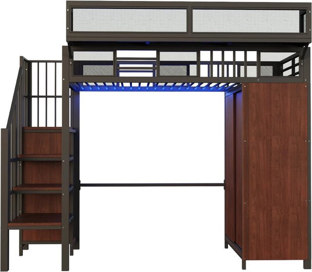 Merax Hochbett mit Schrank, LED-Unterbettbeleuchtung und Treppe in Schwarz, B/T/H: 90 x 200 x 189,5 cm - Bild 1