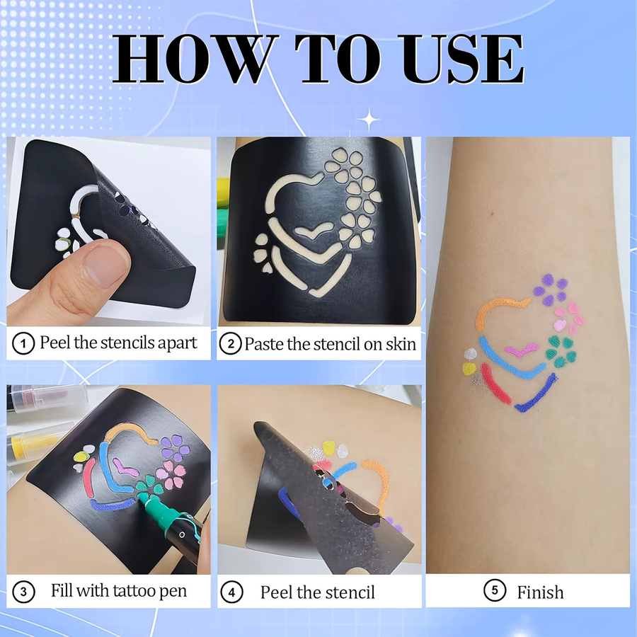 EYIR Tattoo-Stifte Set, 10 Doppelspitzen-Marker, 114 Schablonen, Schmetterlingsaufkleber - Bild 3