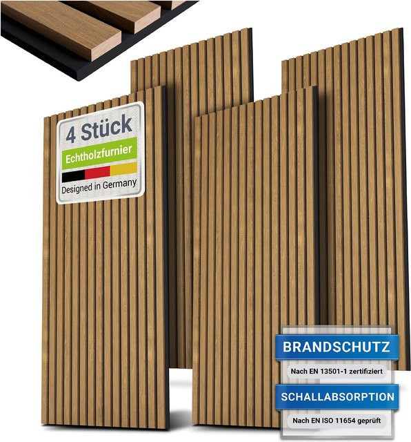 Juskys Wandpaneele Akustik 4er Set aus Holzfurnier in Eiche Natur Dunkel, B: 60 cm, H: 120 cm - Bild 3