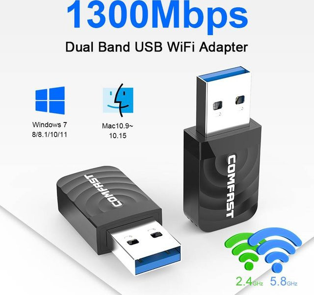 COMFAST WLAN-Adapter USB 3.0 Dual-Band 2,4G/5GHz 1300Mbps 802.11AC Drahtlose Netzwerkkarte in Schwarz - Bild 1