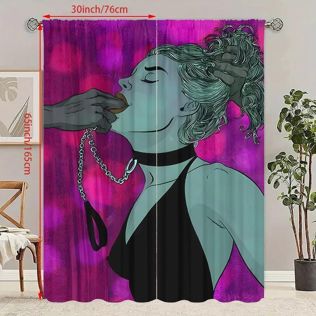 2er-Set Valentinstag Vorhang mit Charakterdruck aus Polyester in Schwarz und Multicolour, Breite: 76 cm, Höhe: 165 cm - Bild 1
