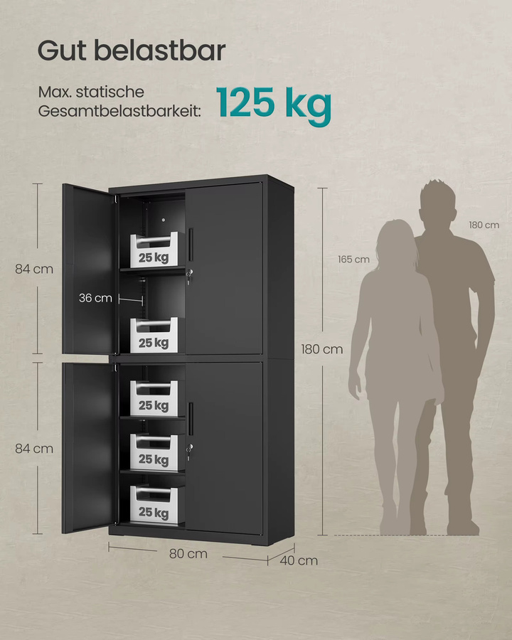 SONGMICS Aktenschrank als Mehrzweckschrank in Grau mit 4 Türen, 5 Ebenen und Schlössern, B: 80 cm, T: 40 cm, H: 180 cm - Bild 6