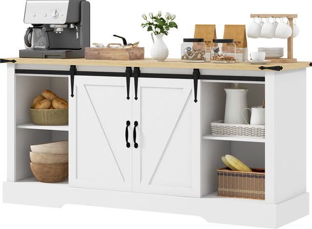 HOMCOM Buffet Aufbewahrungsmöbel aus Holz mit 2 Schiebetüren und verstellbaren Regalen in Weiß Eiche, B: 150 cm, T: 40 cm, H: 72 cm - Bild 1