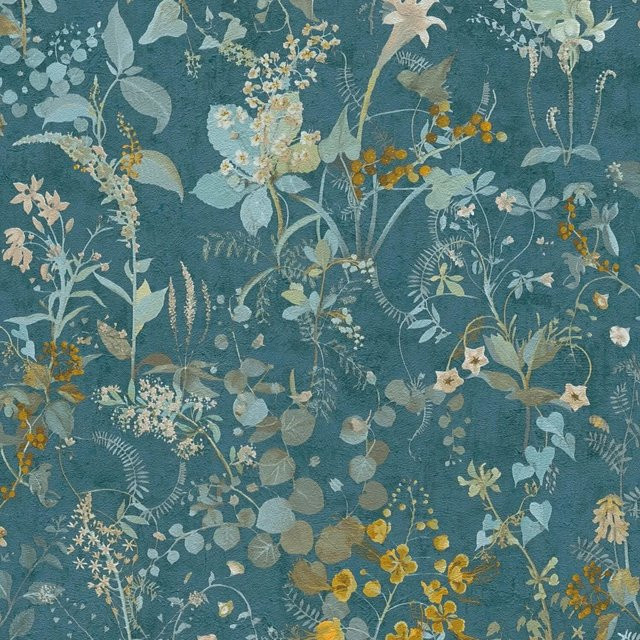 PROFHOME Floral Tapete Blumenmuster Matt in Blau Petrol Gelb Grün, Breite: 0,53 m, Länge: 10,05 m - Bild 1